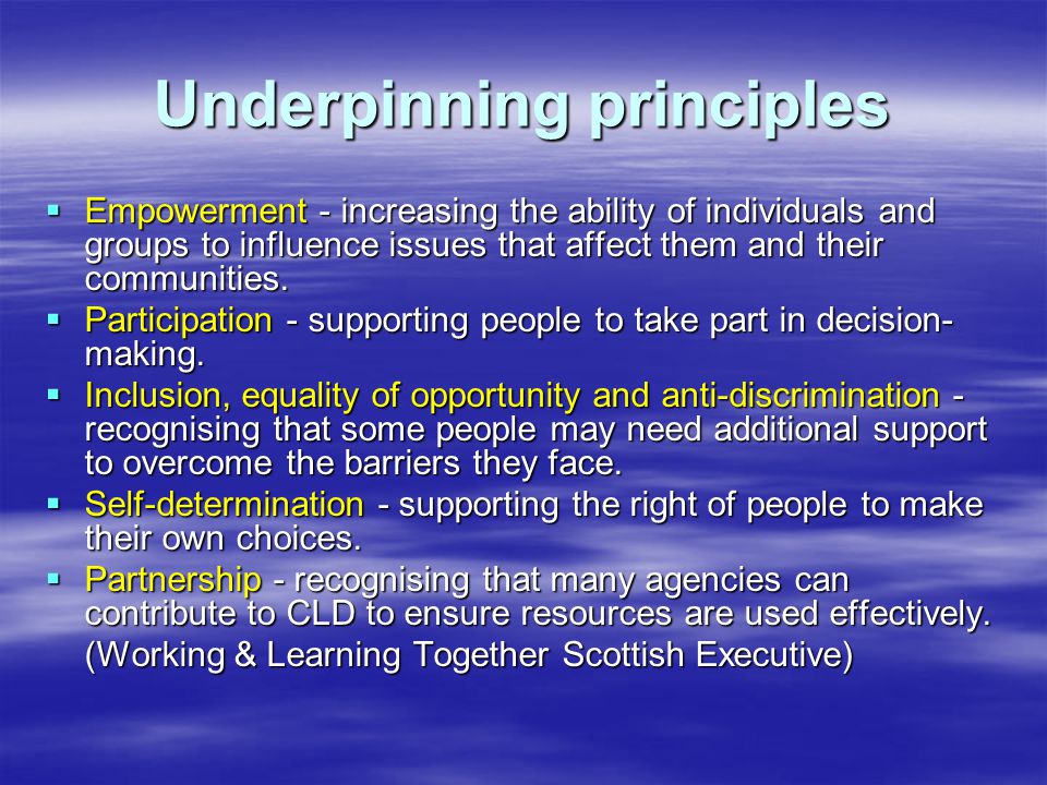 Underpinning principles  Empowerment - increasing the ability of individuals and groups to influence issues that affect them and their communities.