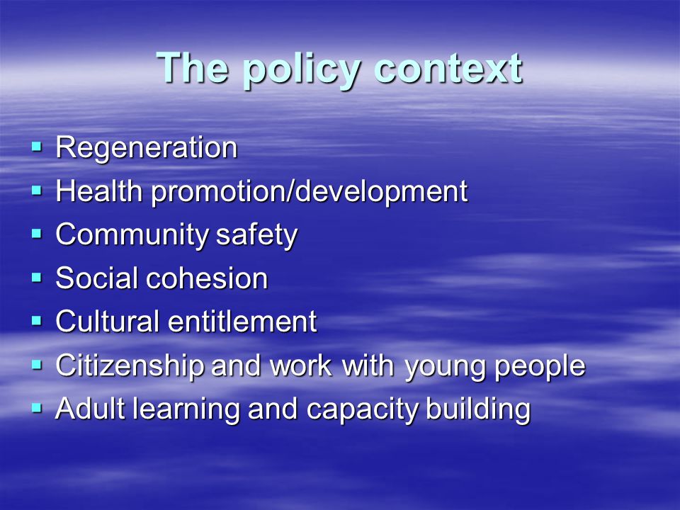 The policy context  Regeneration  Health promotion/development  Community safety  Social cohesion  Cultural entitlement  Citizenship and work with young people  Adult learning and capacity building