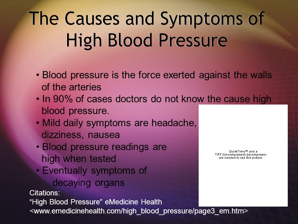 The Causes and Symptoms of High Blood Pressure Blood pressure is the force exerted against the walls of the arteries In 90% of cases doctors do not know the cause high blood pressure.