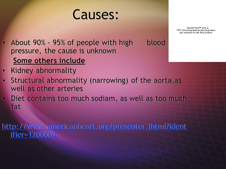 Causes: About 90% - 95% of people with high blood pressure, the cause is unknown Some others include Kidney abnormality Structural abnormality (narrowing) of the aorta,as well as other arteries Diet contains too much sodiam, as well as too much fat   ident ifier= About 90% - 95% of people with high blood pressure, the cause is unknown Some others include Kidney abnormality Structural abnormality (narrowing) of the aorta,as well as other arteries Diet contains too much sodiam, as well as too much fat   ident ifier=