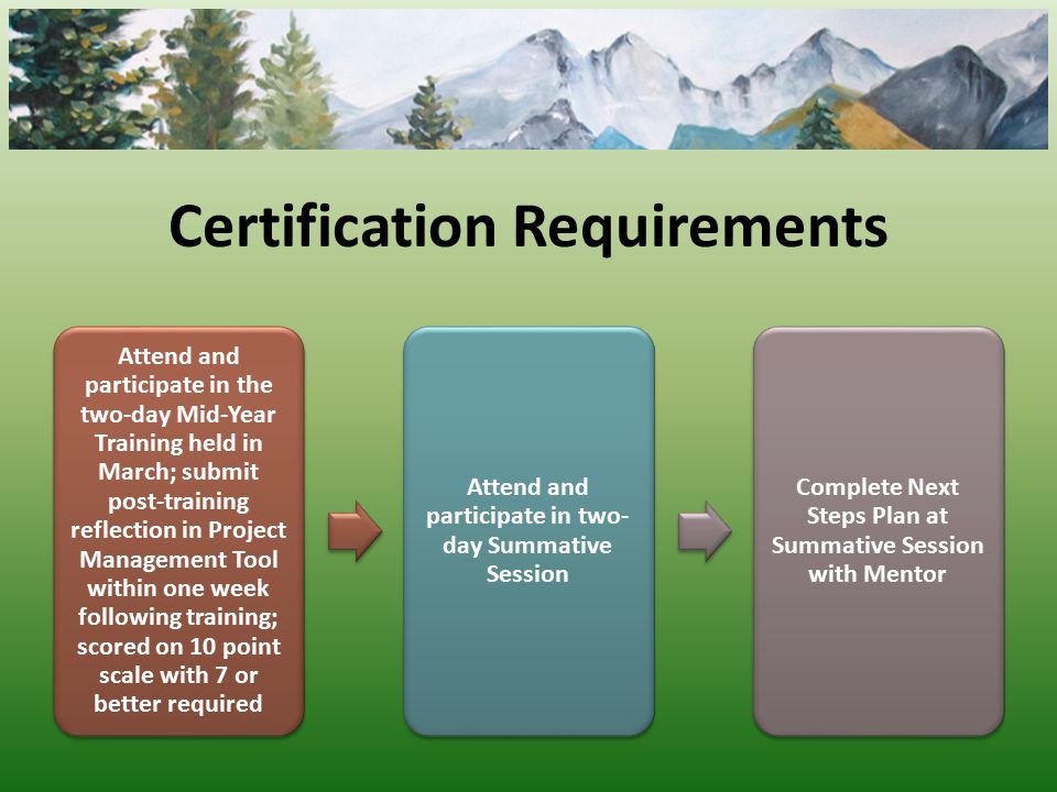Certification Requirements Attend and participate in the two-day Mid-Year Training held in March; submit post-training reflection in Project Management Tool within one week following training; scored on 10 point scale with 7 or better required Attend and participate in two- day Summative Session Complete Next Steps Plan at Summative Session with Mentor
