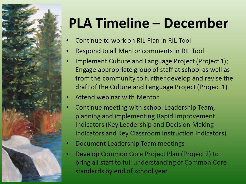 PLA Timeline – December Continue to work on RIL Plan in RIL Tool Respond to all Mentor comments in RIL Tool Implement Culture and Language Project (Project 1); Engage appropriate group of staff at school as well as from the community to further develop and revise the draft of the Culture and Language Project (Project 1) Attend webinar with Mentor Continue meeting with school Leadership Team, planning and implementing Rapid Improvement Indicators (Key Leadership and Decision Making Indicators and Key Classroom Instruction Indicators) Document Leadership Team meetings Develop Common Core Project Plan (Project 2) to bring all staff to full understanding of Common Core standards by end of school year
