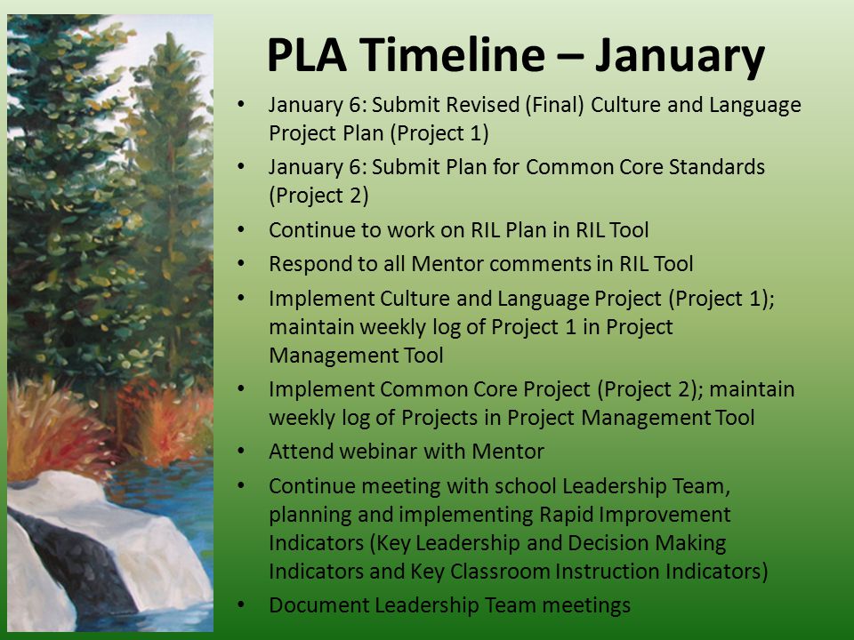 PLA Timeline – January January 6: Submit Revised (Final) Culture and Language Project Plan (Project 1) January 6: Submit Plan for Common Core Standards (Project 2) Continue to work on RIL Plan in RIL Tool Respond to all Mentor comments in RIL Tool Implement Culture and Language Project (Project 1); maintain weekly log of Project 1 in Project Management Tool Implement Common Core Project (Project 2); maintain weekly log of Projects in Project Management Tool Attend webinar with Mentor Continue meeting with school Leadership Team, planning and implementing Rapid Improvement Indicators (Key Leadership and Decision Making Indicators and Key Classroom Instruction Indicators) Document Leadership Team meetings