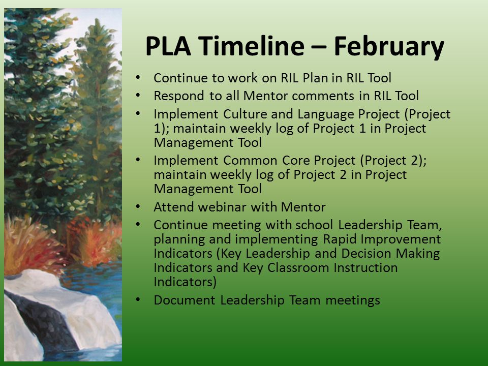 PLA Timeline – February Continue to work on RIL Plan in RIL Tool Respond to all Mentor comments in RIL Tool Implement Culture and Language Project (Project 1); maintain weekly log of Project 1 in Project Management Tool Implement Common Core Project (Project 2); maintain weekly log of Project 2 in Project Management Tool Attend webinar with Mentor Continue meeting with school Leadership Team, planning and implementing Rapid Improvement Indicators (Key Leadership and Decision Making Indicators and Key Classroom Instruction Indicators) Document Leadership Team meetings