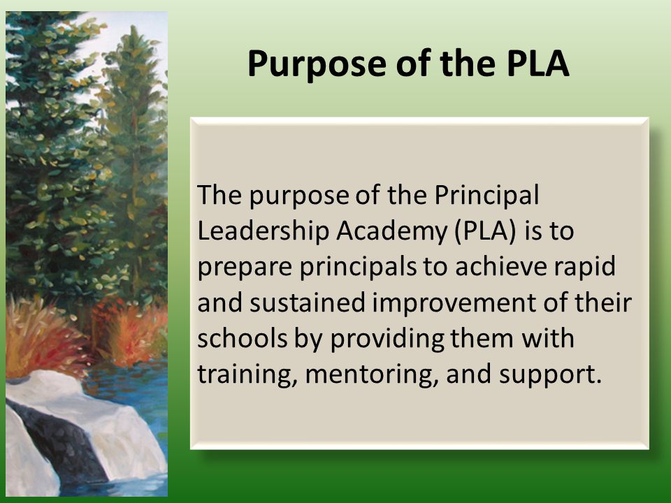 Purpose of the PLA The purpose of the Principal Leadership Academy (PLA) is to prepare principals to achieve rapid and sustained improvement of their schools by providing them with training, mentoring, and support.