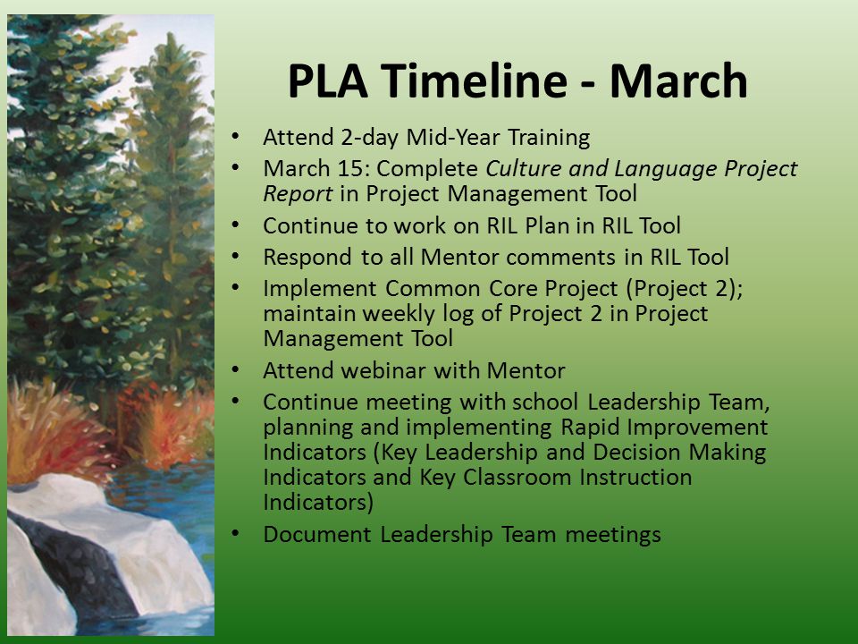 PLA Timeline - March Attend 2-day Mid-Year Training March 15: Complete Culture and Language Project Report in Project Management Tool Continue to work on RIL Plan in RIL Tool Respond to all Mentor comments in RIL Tool Implement Common Core Project (Project 2); maintain weekly log of Project 2 in Project Management Tool Attend webinar with Mentor Continue meeting with school Leadership Team, planning and implementing Rapid Improvement Indicators (Key Leadership and Decision Making Indicators and Key Classroom Instruction Indicators) Document Leadership Team meetings