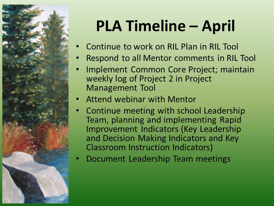 PLA Timeline – April Continue to work on RIL Plan in RIL Tool Respond to all Mentor comments in RIL Tool Implement Common Core Project; maintain weekly log of Project 2 in Project Management Tool Attend webinar with Mentor Continue meeting with school Leadership Team, planning and implementing Rapid Improvement Indicators (Key Leadership and Decision Making Indicators and Key Classroom Instruction Indicators) Document Leadership Team meetings