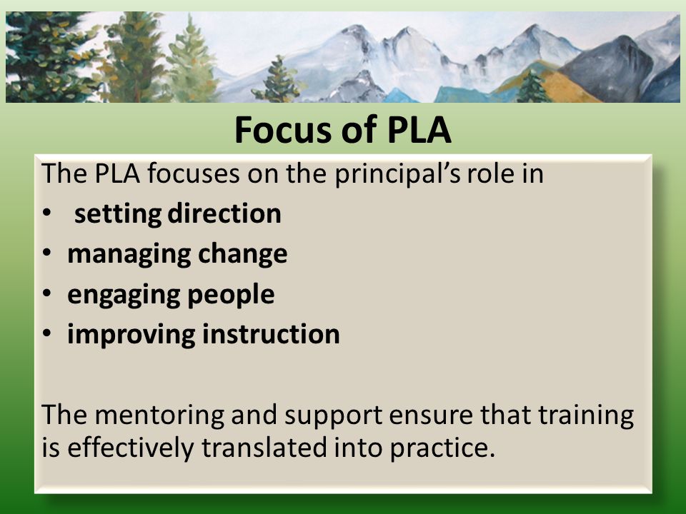 Focus of PLA The PLA focuses on the principal’s role in setting direction managing change engaging people improving instruction The mentoring and support ensure that training is effectively translated into practice.