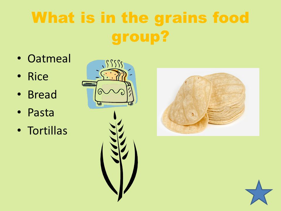 What is in the grains food group Oatmeal Rice Bread Pasta Tortillas
