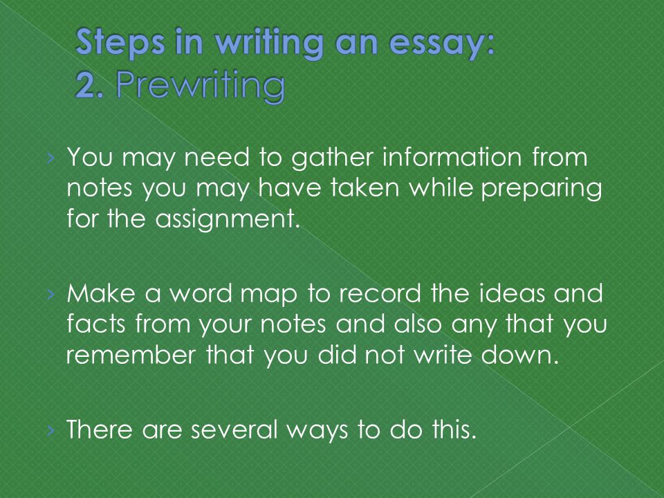 › You may need to gather information from notes you may have taken while preparing for the assignment.