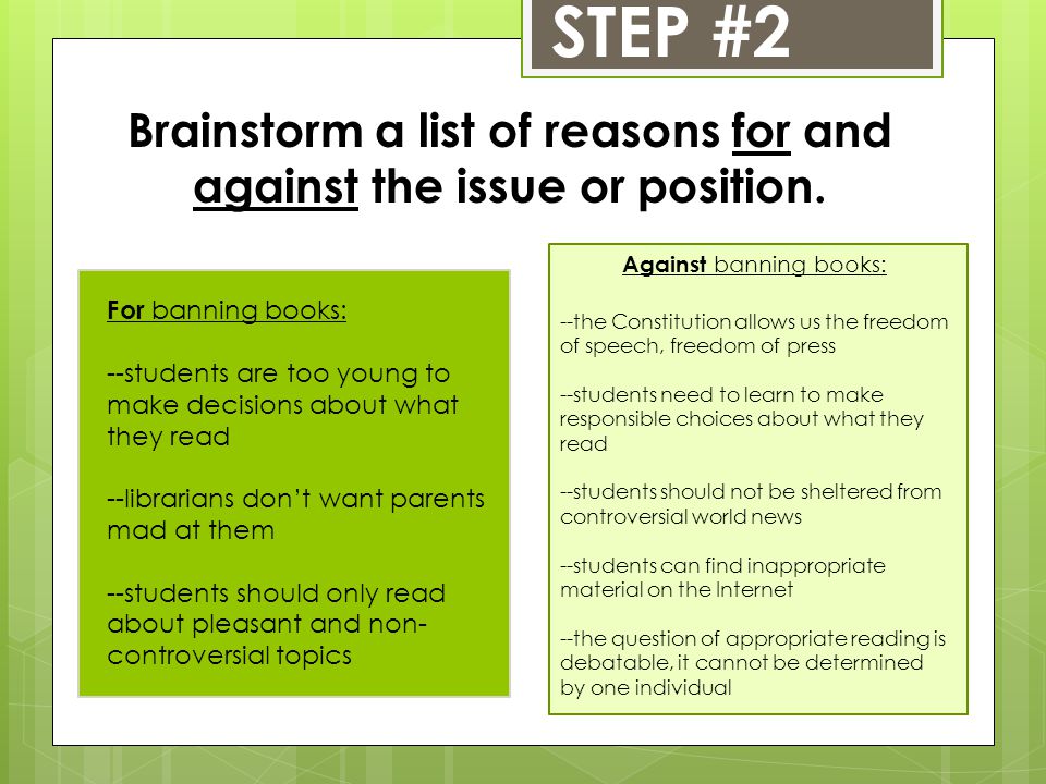 STEP #2 Brainstorm a list of reasons for and against the issue or position.