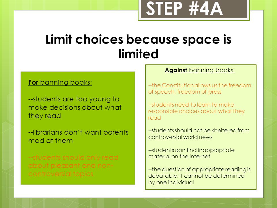 STEP #4A Limit choices because space is limited For banning books: --students are too young to make decisions about what they read --librarians don’t want parents mad at them --students should only read about pleasant and non- controversial topics Against banning books: --the Constitution allows us the freedom of speech, freedom of press --students need to learn to make responsible choices about what they read --students should not be sheltered from controversial world news --students can find inappropriate material on the Internet --the question of appropriate reading is debatable, it cannot be determined by one individual