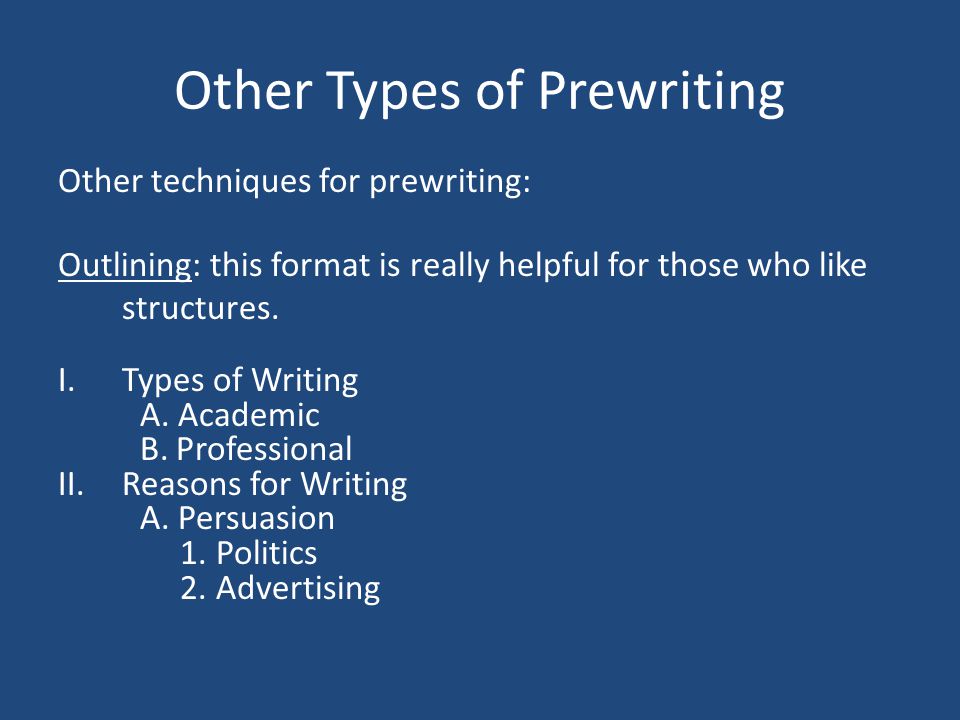 Other Types of Prewriting Other techniques for prewriting: Outlining: this format is really helpful for those who like structures.