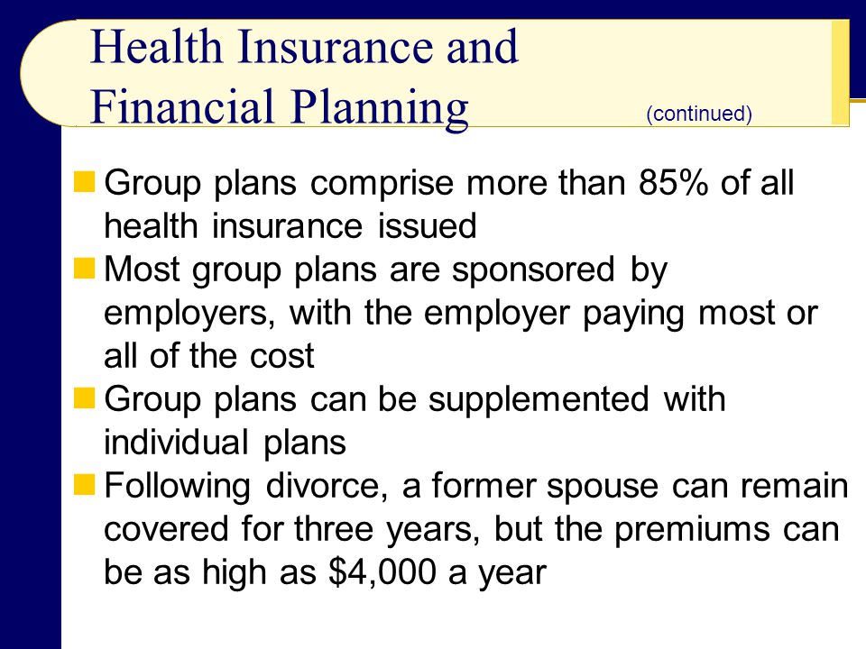Health Insurance and Financial Planning Group plans comprise more than 85% of all health insurance issued Most group plans are sponsored by employers, with the employer paying most or all of the cost Group plans can be supplemented with individual plans Following divorce, a former spouse can remain covered for three years, but the premiums can be as high as $4,000 a year (continued)