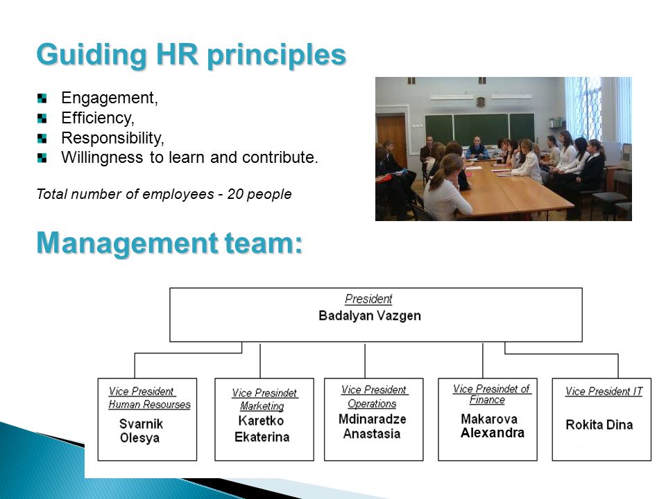 Alexandra Guiding HR principles Engagement, Efficiency, Responsibility, Willingness to learn and contribute.