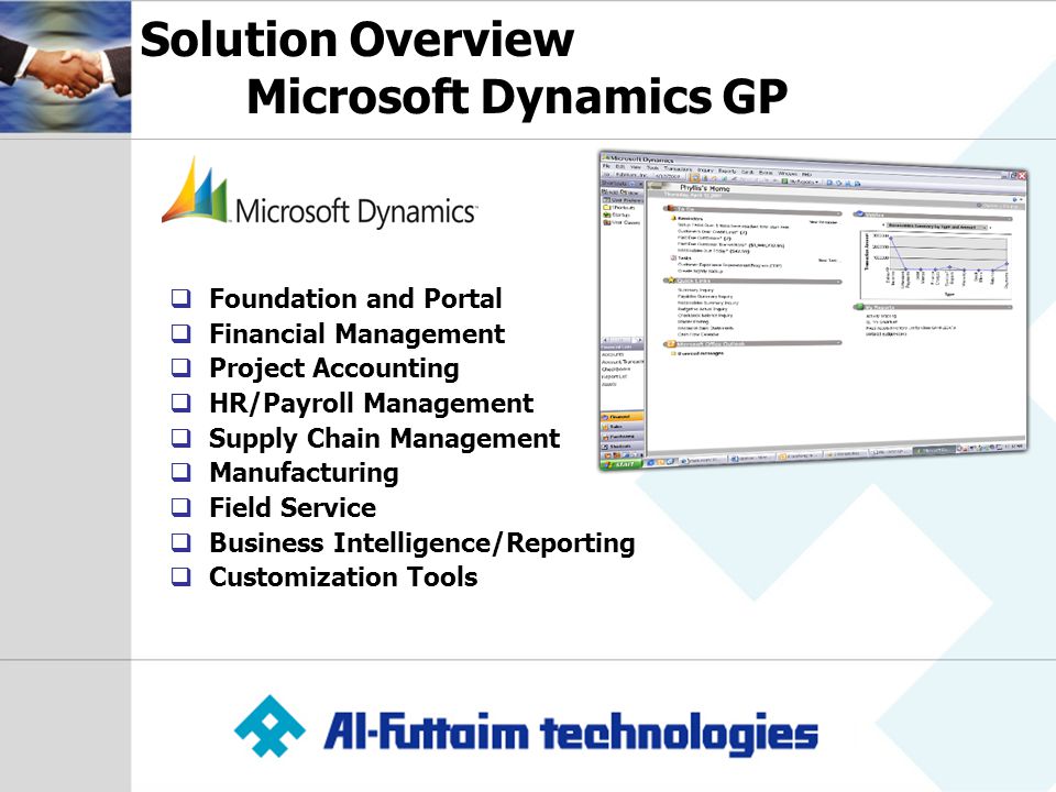Solution Overview Microsoft Dynamics GP  Foundation and Portal  Financial Management  Project Accounting  HR/Payroll Management  Supply Chain Management  Manufacturing  Field Service  Business Intelligence/Reporting  Customization Tools