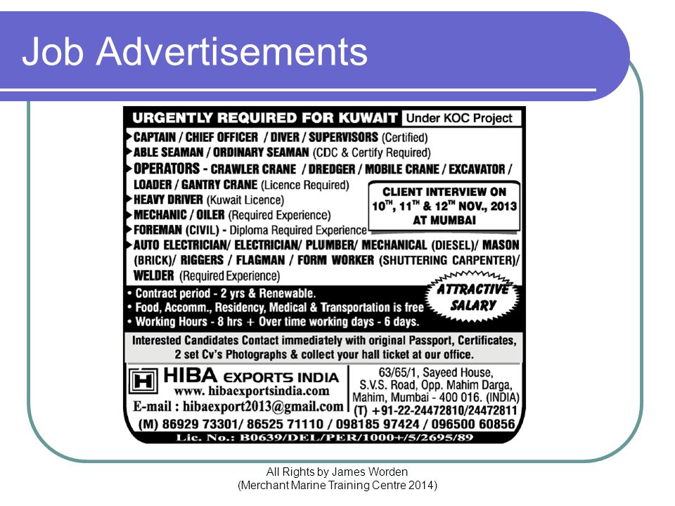 Job Advertisements All Rights by James Worden (Merchant Marine Training Centre 2014)