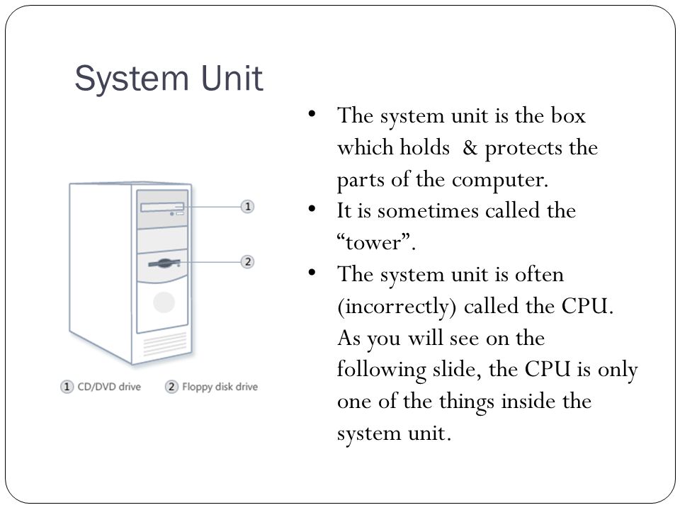 System Unit The system unit is the box which holds & protects the parts of the computer.