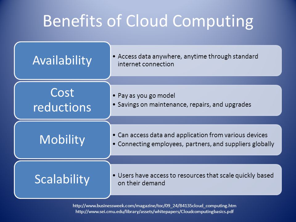 benefit of cloud computing and example Designed to offer the same features and benefits of cloud systems, but removes a number of objections to the cloud computing model including control over enterprise and customer data, worries about security, and issues connected to regulatory compliance. benefit of cloud computing and example Designed to offer the same features and benefits of cloud systems, but removes a number of objections to the cloud computing model including control over enterprise and customer data, worries about security, and issues connected to regulatory compliance.
