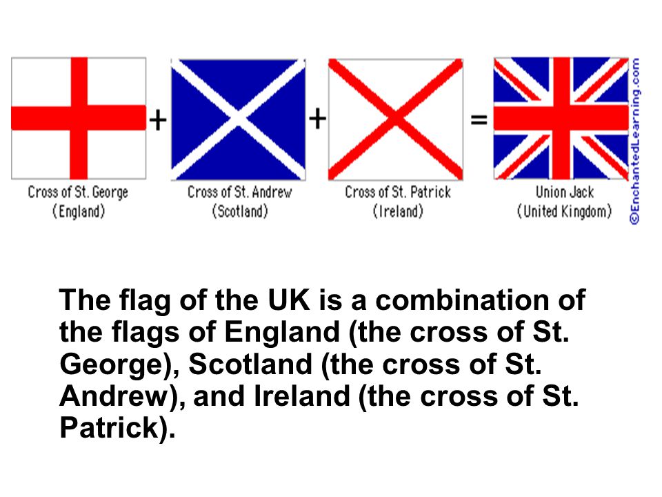 The flag of the UK is a combination of the flags of England (the cross of St.