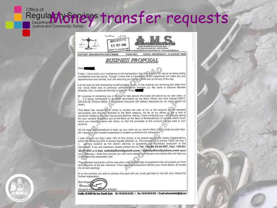 Office of Regulatory Services Department of Justice and Community Safety Money transfer requests