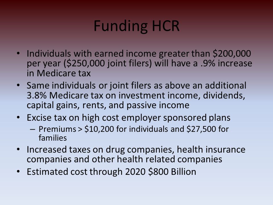 Funding HCR Individuals with earned income greater than $200,000 per year ($250,000 joint filers) will have a.9% increase in Medicare tax Same individuals or joint filers as above an additional 3.8% Medicare tax on investment income, dividends, capital gains, rents, and passive income Excise tax on high cost employer sponsored plans – Premiums > $10,200 for individuals and $27,500 for families Increased taxes on drug companies, health insurance companies and other health related companies Estimated cost through 2020 $800 Billion