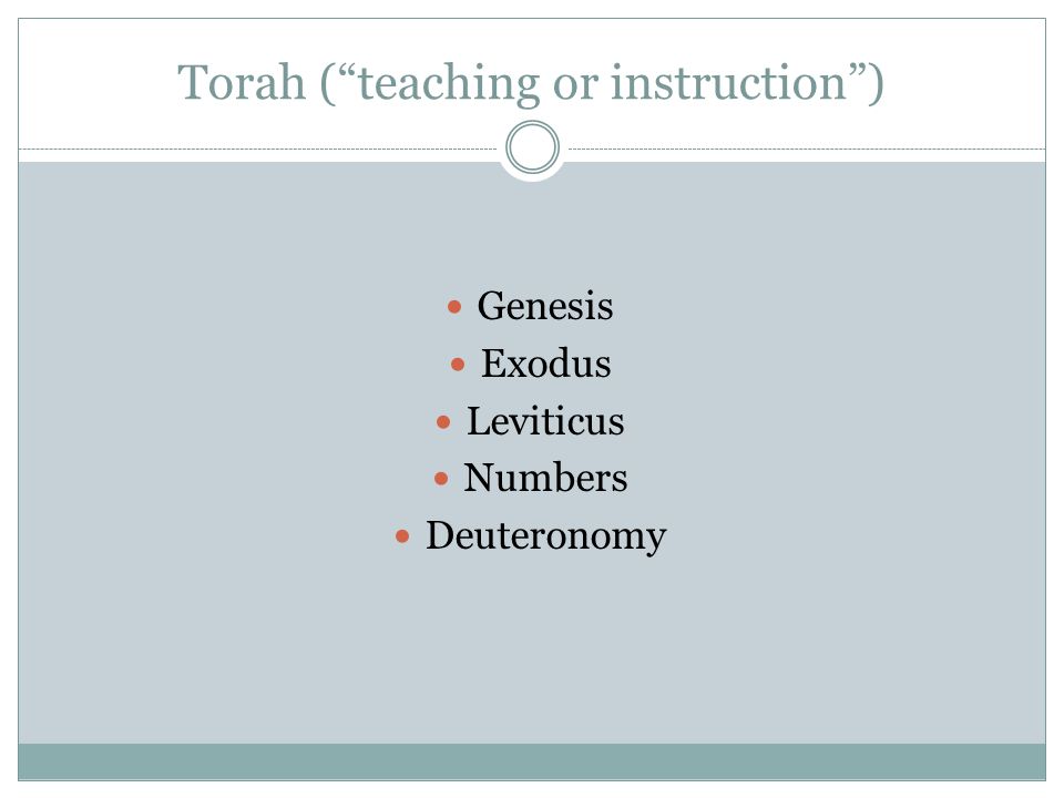 Torah ( teaching or instruction ) Genesis Exodus Leviticus Numbers Deuteronomy