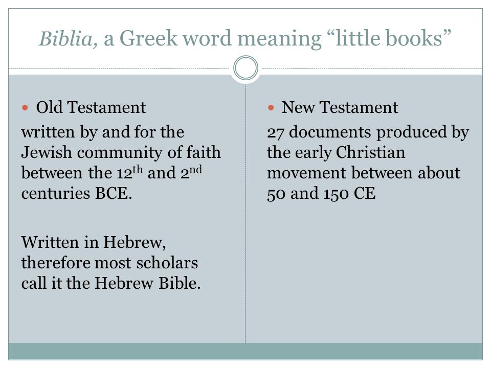 Biblia, a Greek word meaning little books Old Testament written by and for the Jewish community of faith between the 12 th and 2 nd centuries BCE.