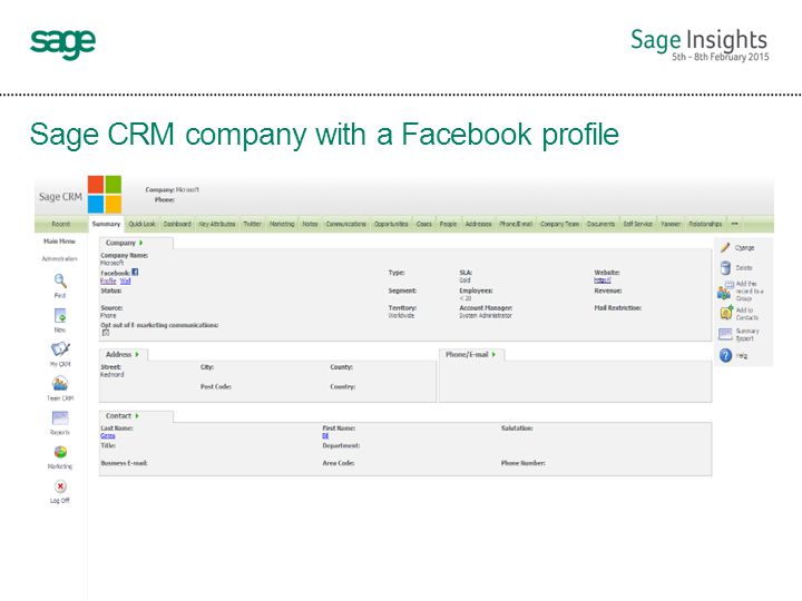 Sage CRM company with a Facebook profile