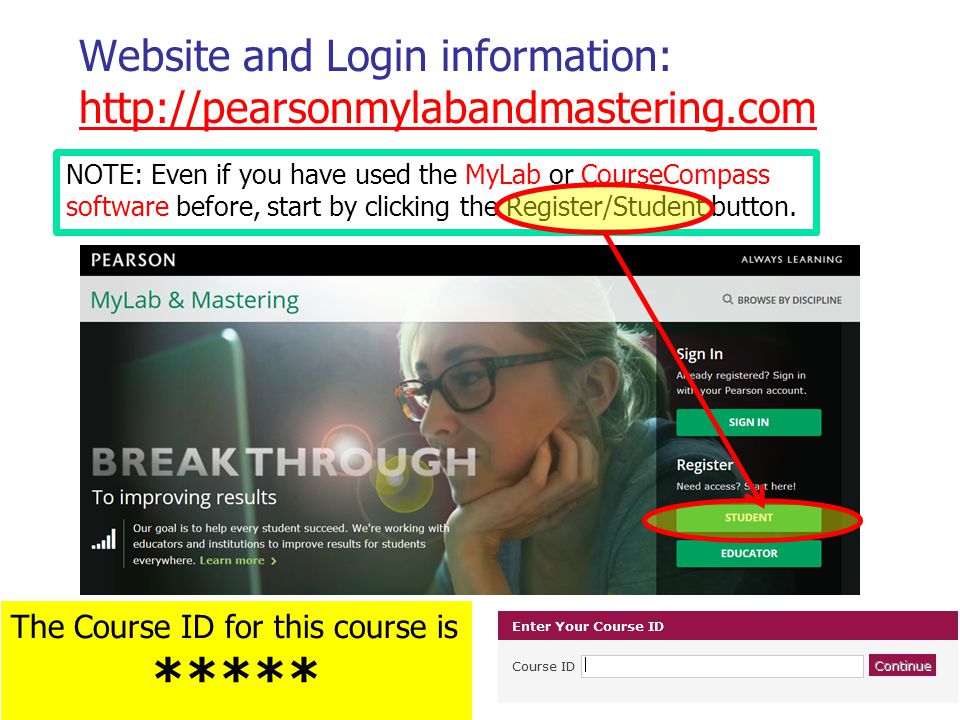 Website and Login information:     NOTE: Even if you have used the MyLab or CourseCompass software before, start by clicking the Register/Student button.