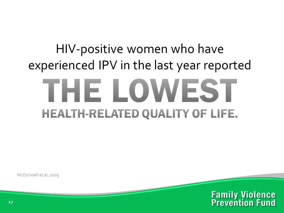 17 HIV-positive women who have experienced IPV in the last year reported McDonnell et al, 2005