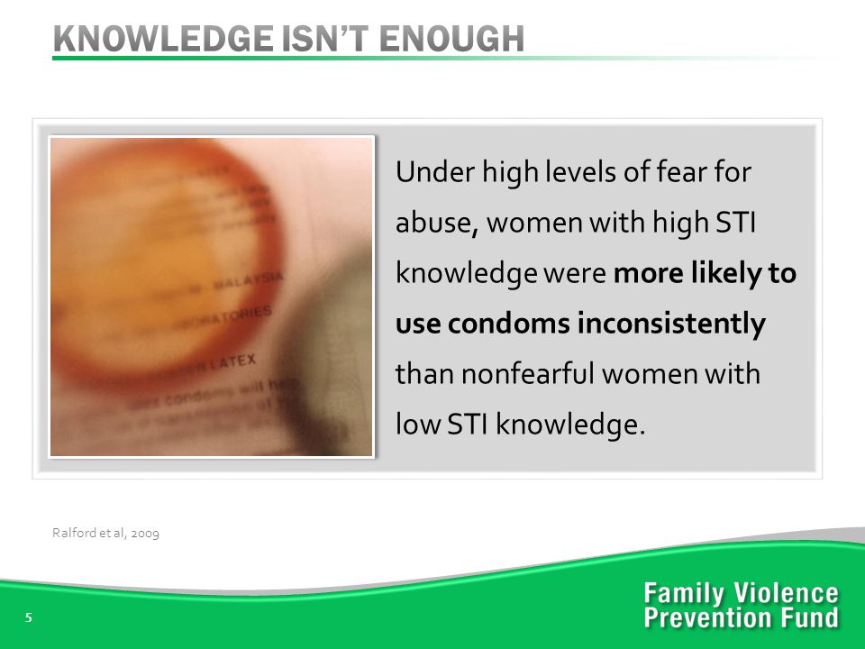 Under high levels of fear for abuse, women with high STI knowledge were more likely to use condoms inconsistently than nonfearful women with low STI knowledge.