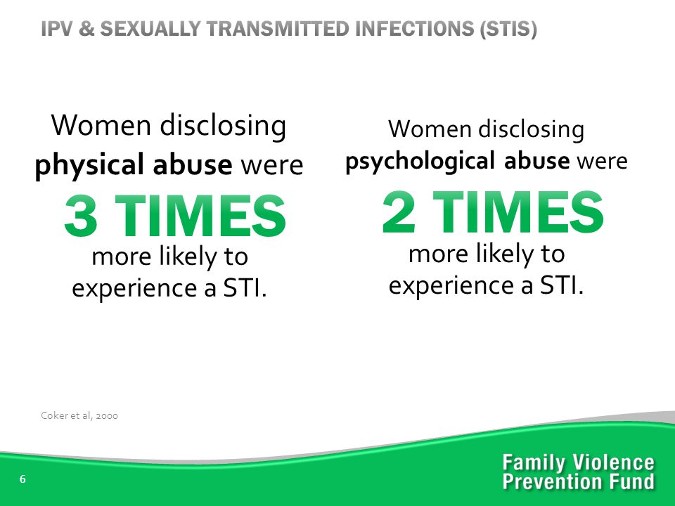 6 Women disclosing physical abuse were Coker et al, 2000 more likely to experience a STI.