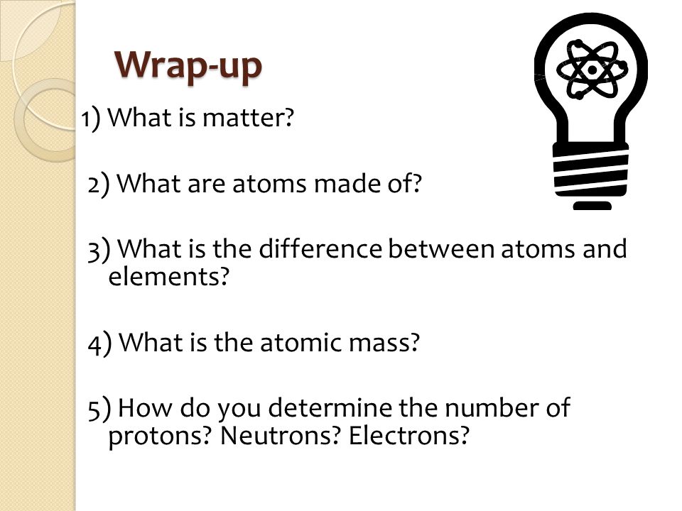Wrap-up 1) What is matter. 2) What are atoms made of.