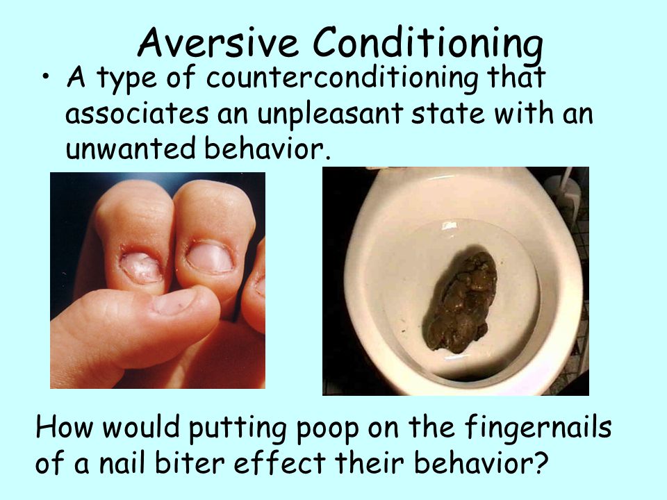 Aversive Conditioning A type of counterconditioning that associates an unpleasant state with an unwanted behavior.