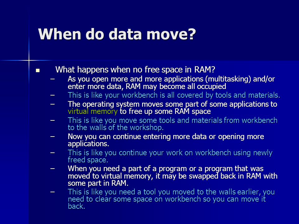 When do data move. What happens when no free space in RAM.