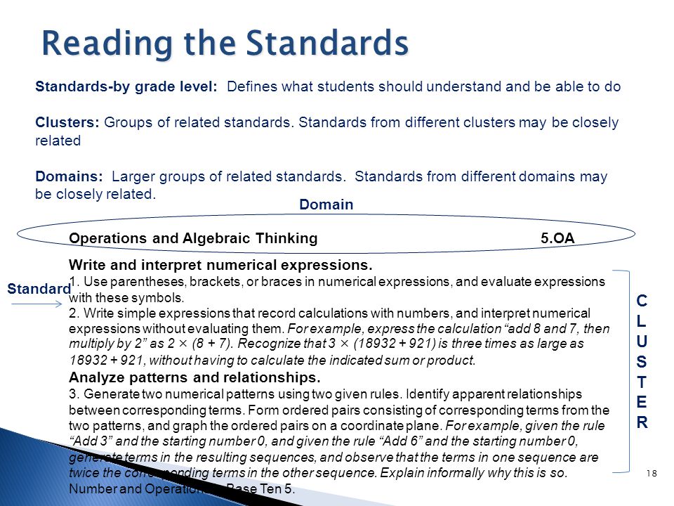 Reading the Standards 18 Standards-by grade level: Defines what students should understand and be able to do Clusters: Groups of related standards.