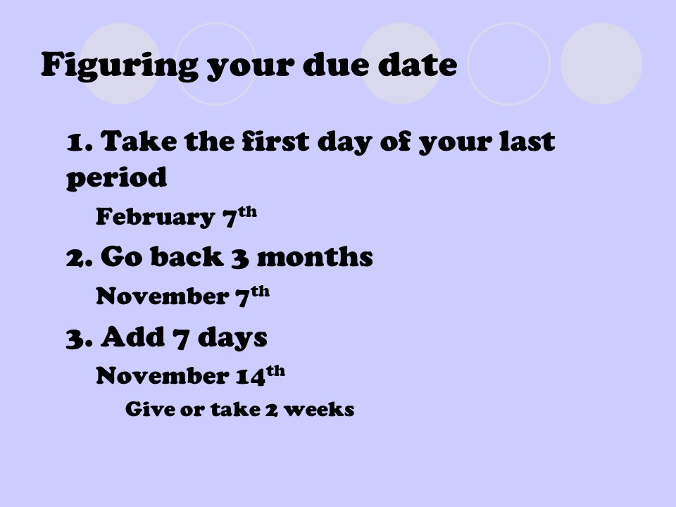 Figuring your due date 1. Take the first day of your last period  February 7 th 2.