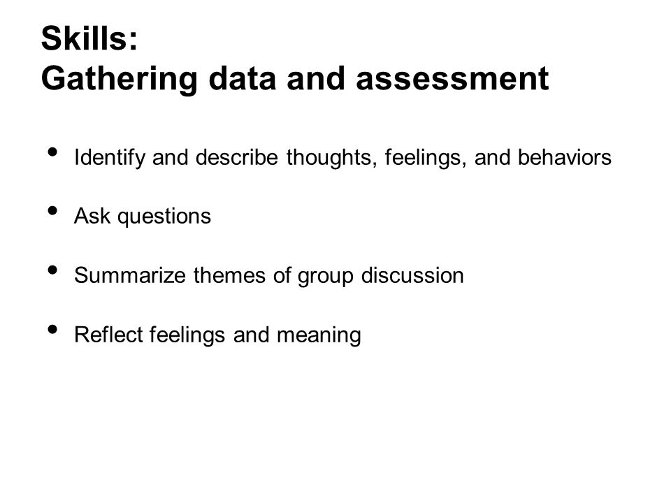 Skills: Gathering data and assessment Identify and describe thoughts, feelings, and behaviors Ask questions Summarize themes of group discussion Reflect feelings and meaning