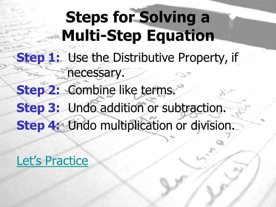 Two Step Equations With Distributive Property Talkchannels Solving Equations And Inequalities Chapter 7 Two Step