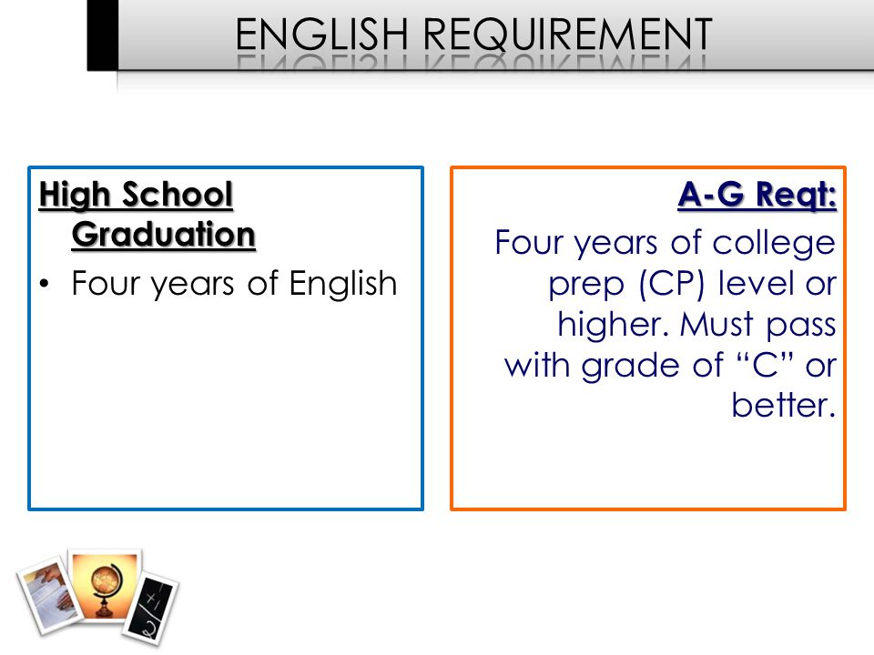 High School Graduation Four years of English A-G Reqt: Four years of college prep (CP) level or higher.