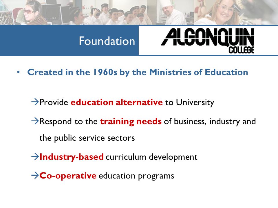 Created in the 1960s by the Ministries of Education  Provide education alternative to University  Respond to the training needs of business, industry and the public service sectors  Industry-based curriculum development  Co-operative education programs Foundation