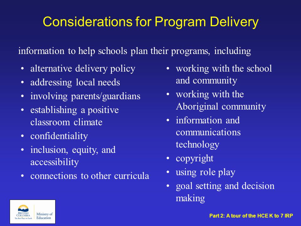 Considerations for Program Delivery working with the school and community working with the Aboriginal community information and communications technology copyright using role play goal setting and decision making alternative delivery policy addressing local needs involving parents/guardians establishing a positive classroom climate confidentiality inclusion, equity, and accessibility connections to other curricula information to help schools plan their programs, including Part 2: A tour of the HCE K to 7 IRP