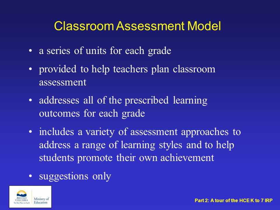 Classroom Assessment Model a series of units for each grade provided to help teachers plan classroom assessment addresses all of the prescribed learning outcomes for each grade includes a variety of assessment approaches to address a range of learning styles and to help students promote their own achievement suggestions only Part 2: A tour of the HCE K to 7 IRP