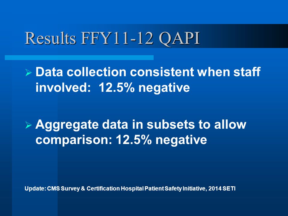 Results FFY11-12 QAPI  Data collection consistent when staff involved: 12.5% negative  Aggregate data in subsets to allow comparison: 12.5% negative Update: CMS Survey & Certification Hospital Patient Safety Initiative, 2014 SETI