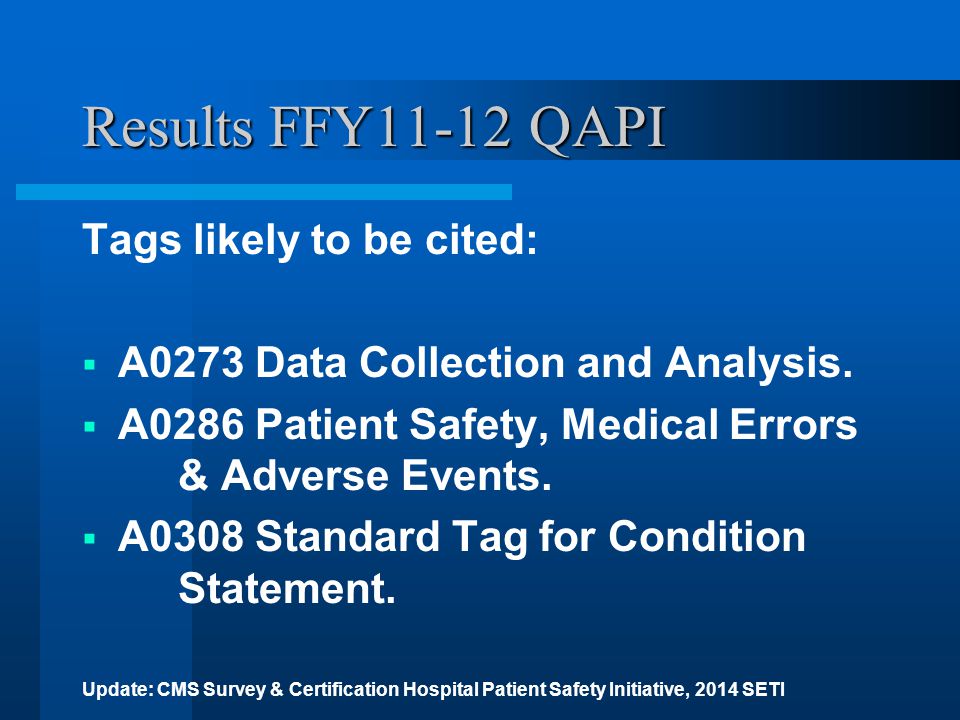 Results FFY11-12 QAPI Tags likely to be cited:  A0273 Data Collection and Analysis.
