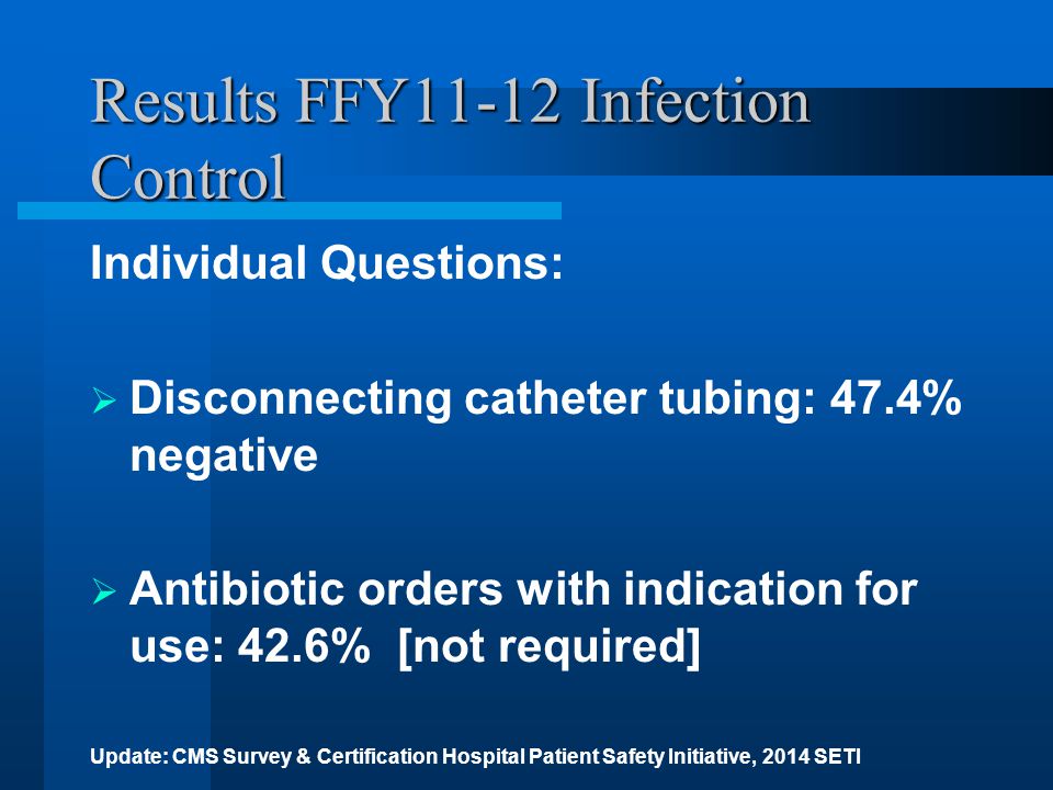Results FFY11-12 Infection Control Individual Questions:  Disconnecting catheter tubing: 47.4% negative  Antibiotic orders with indication for use: 42.6% [not required] Update: CMS Survey & Certification Hospital Patient Safety Initiative, 2014 SETI