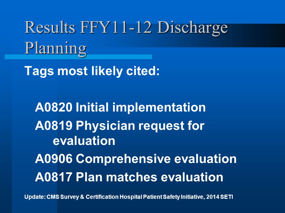 Results FFY11-12 Discharge Planning Tags most likely cited: A0820 Initial implementation A0819 Physician request for evaluation A0906 Comprehensive evaluation A0817 Plan matches evaluation Update: CMS Survey & Certification Hospital Patient Safety Initiative, 2014 SETI