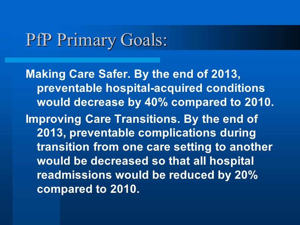 PfP Primary Goals: Making Care Safer.