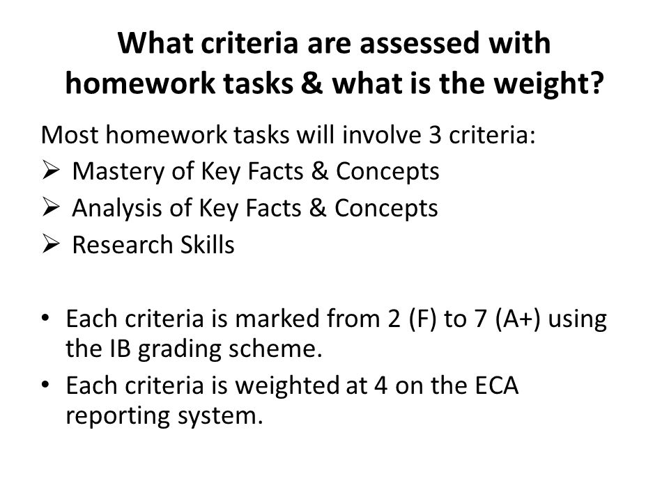 What criteria are assessed with homework tasks & what is the weight.